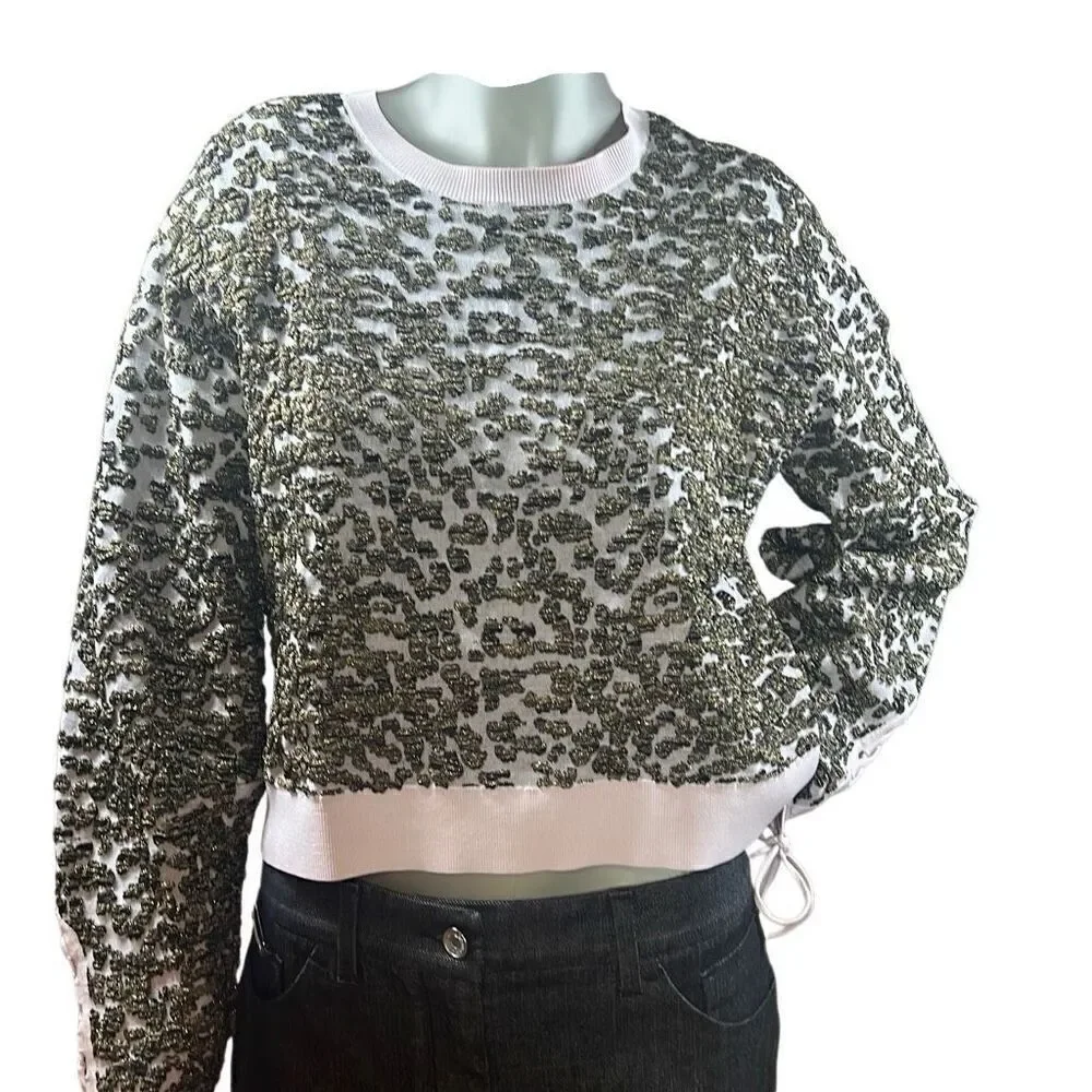 Jonathan Simkhai Animal Print Jacquard Cropped Sweater Lace L NWT